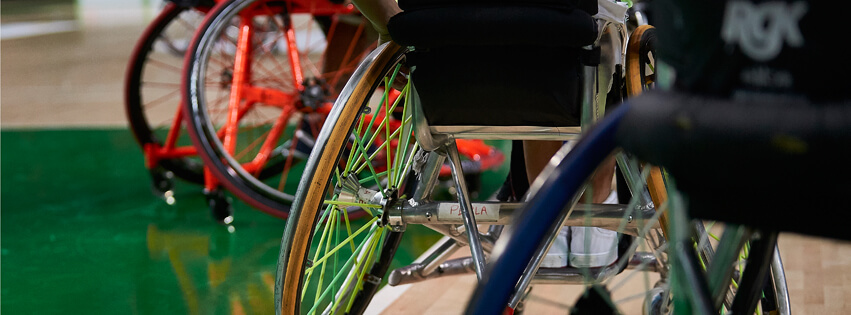 close up of sports wheelchairs