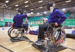 Wheelchair fencers on action