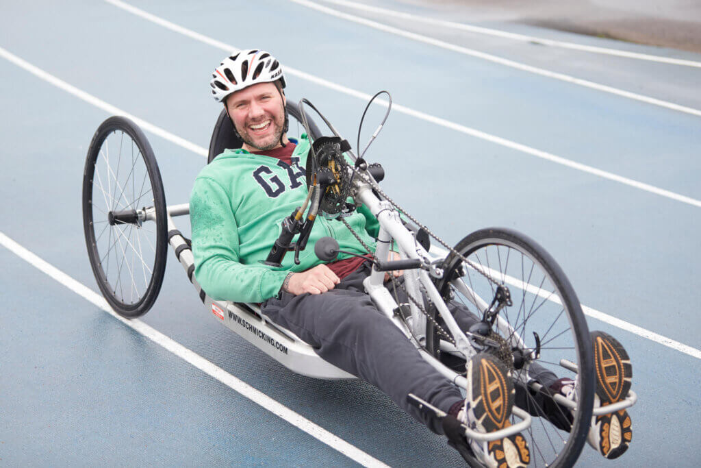 Hand cyclist smiling to camera