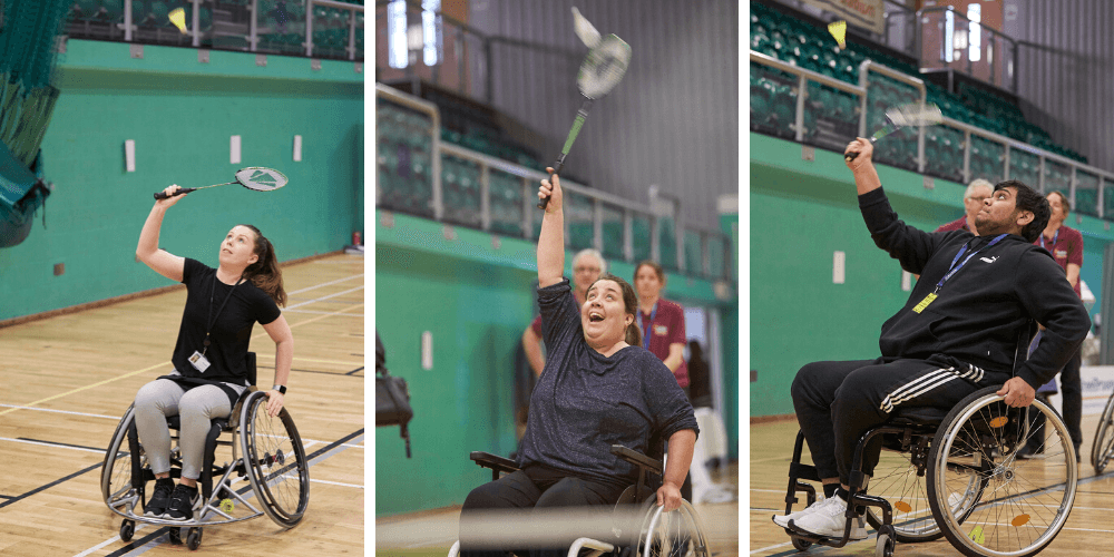 Wheelchair badminton players in action