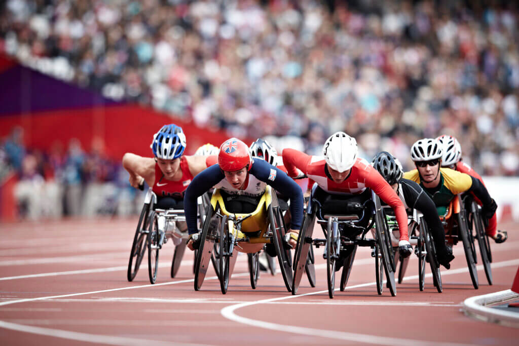 Shelly Woods of Great Britain competes in the Women's 5000 meter T54 Final at the London 2012 Paralympic Games.