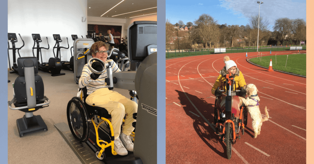 Jan exercising in the gym and outside on the track