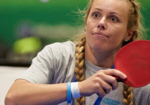 Casey close up playing table tennis