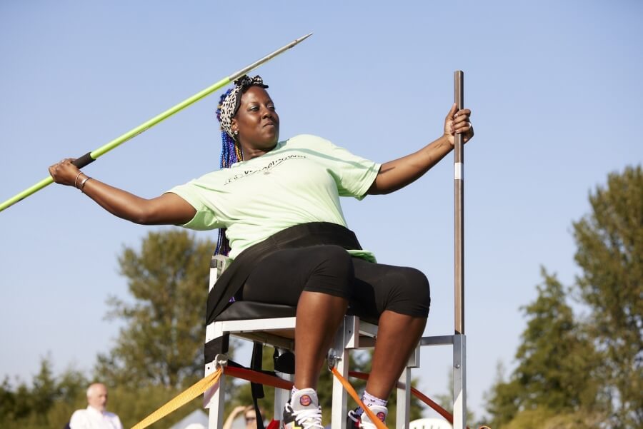 Helen participating in a seated throw javelin competition
