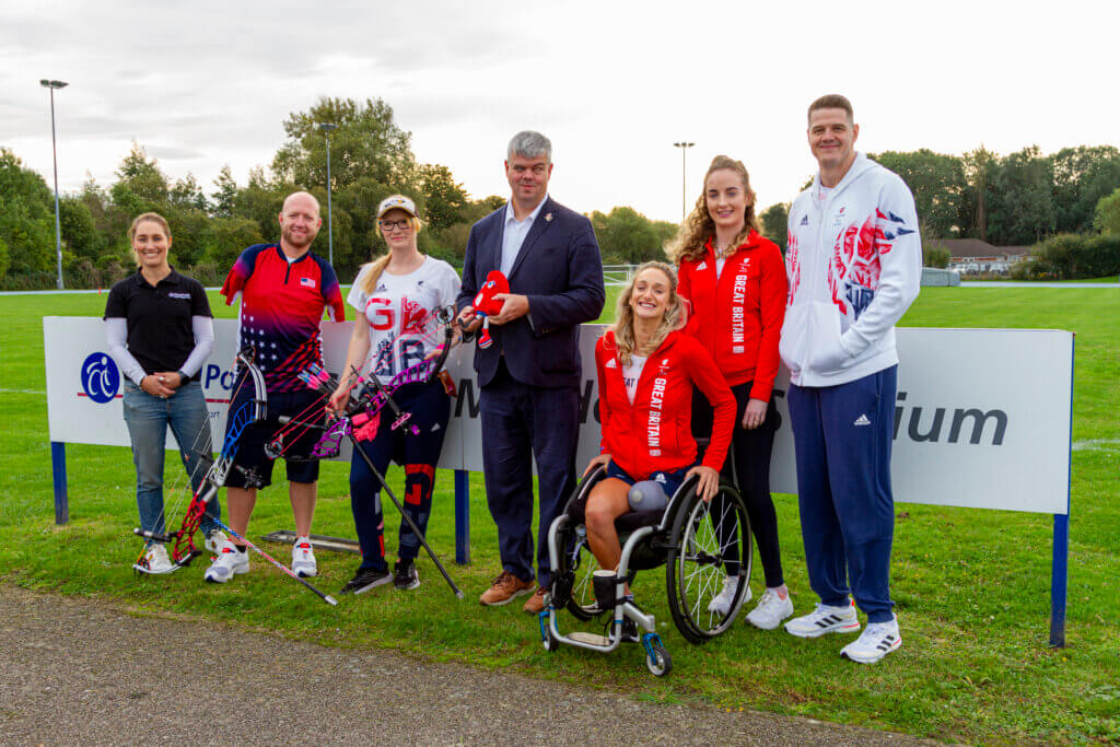 WheelPower's Emma Willott with Archers Matt Stutzman and Jodie Grinham and wheelchair basketball players Amy Conroy, Siobhan Fitzpatrick and Lee Manning and ParalympicsGB CEO Dave Clarke were at Stoke Mandeville Stadium in the United Kingdom, for the Paralympic Flame announcement.