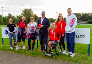 WheelPower's Emma Willott with Archers Matt Stutzman and Jodie Grinham and wheelchair basketball players Amy Conroy, Siobhan Fitzpatrick and Lee Manning and ParalympicsGB CEO Dave Clarke were at Stoke Mandeville Stadium in the United Kingdom, for the Paralympic Flame announcement.