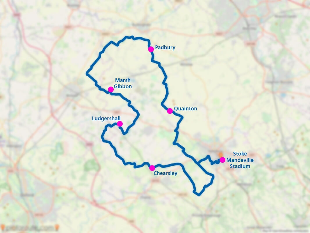 Tour de Vale 110km route map showing Chearsley, Ludgershall, Marsh Gibbon, Padbury and Quainton