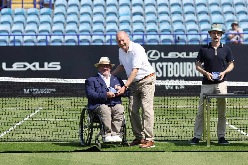 EASTBOURNE, ENGLAND - JUNE 25: World Tennis Induction Ceremony with Mark Bullock, Martin McElhatton, Sue Wolstenholme, Stuart Wilkinson, Geraint Richards, Jordanne Whiley and Peter Norfolk on Day Four of the Lexus Eastbourne Open at Devonshire Park on June 25, 2026 in Eastbourne, England. (Photo by Charlie Crowhurst/Getty Images for LTA)