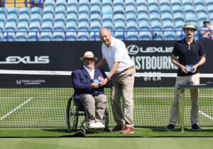 EASTBOURNE, ENGLAND - JUNE 25: World Tennis Induction Ceremony with Mark Bullock, Martin McElhatton, Sue Wolstenholme, Stuart Wilkinson, Geraint Richards, Jordanne Whiley and Peter Norfolk on Day Four of the Lexus Eastbourne Open at Devonshire Park on June 25, 2026 in Eastbourne, England. (Photo by Charlie Crowhurst/Getty Images for LTA)