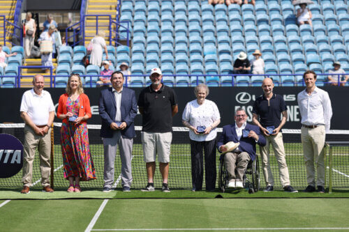 Charlie Crowhurst/Getty Images for LTA EASTBOURNE, ENGLAND - JUNE 25: World Tennis Induction Ceremony with Mark Bullock, Martin McElhatton, Sue Wolstenholme, Stuart Wilkinson, Geraint Richards, Jordanne Whiley and Peter Norfolk on Day Four of the Lexus Eastbourne Open at Devonshire Park on June 25, 2026 in Eastbourne, England. (Photo by Charlie Crowhurst/Getty Images for LTA)